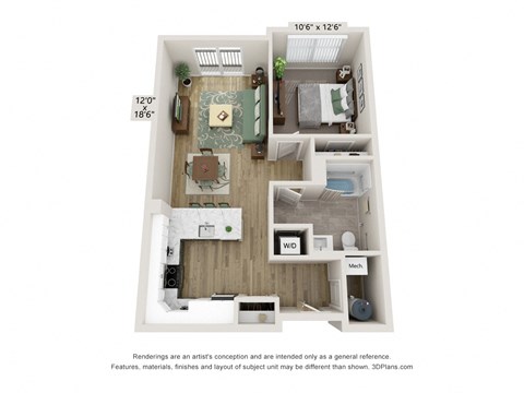 Floor plan for 1 bed, 1 bath, 735 sqft